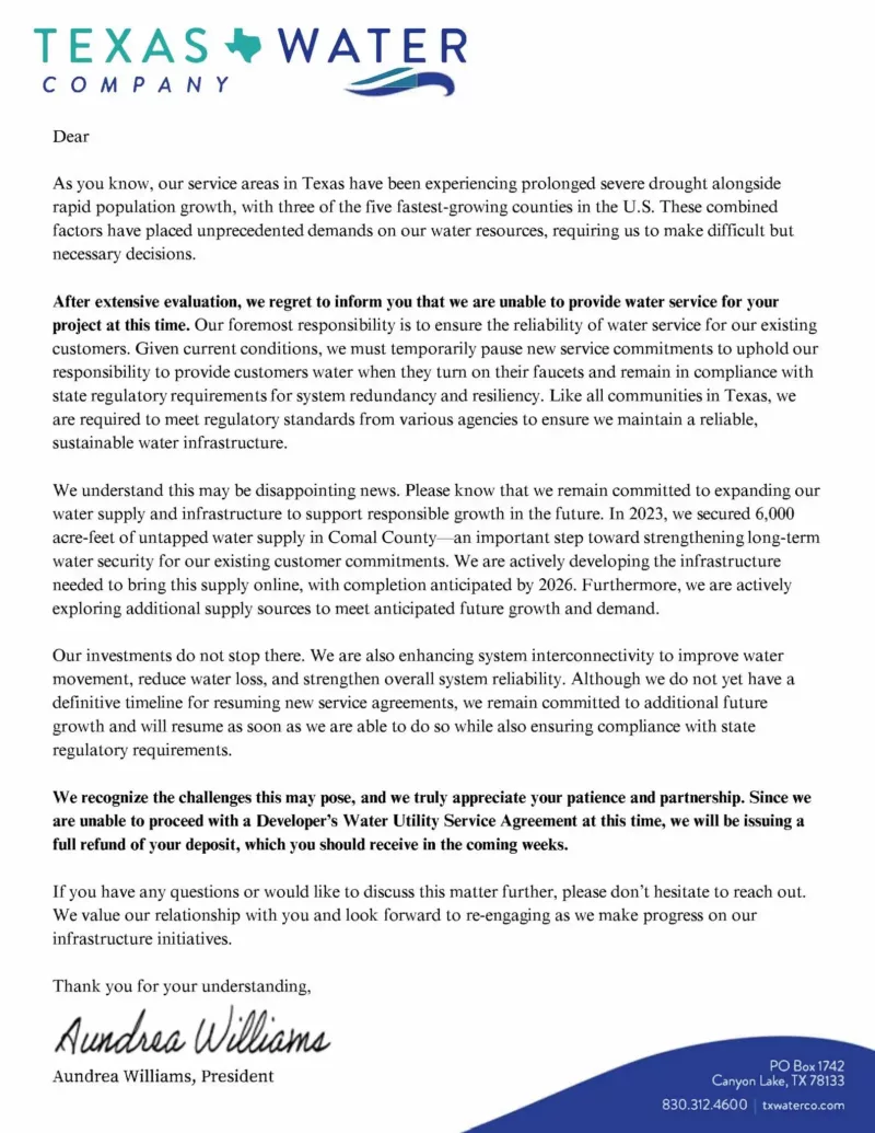 Texas Water Company Letter To Developers